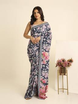 Navyasa By Liva - Navy Blue Liva Crepe Floral Print Saree