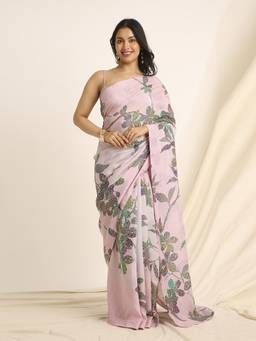 Navyasa By Liva - Pink Liva Shimmer Floral Print Saree