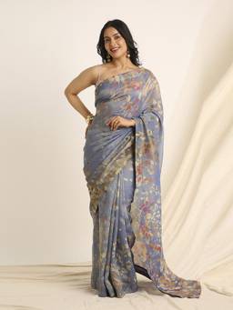 Navyasa By Liva - Blue Liva Tissue Floral Print Saree