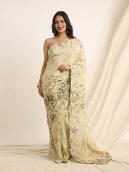 Navyasa By Liva - Beige Liva Tissue Floral Print Saree