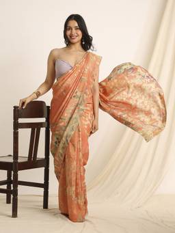 Navyasa By Liva - Coral Liva Tissue Floral Print Saree