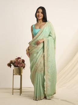 Navyasa By Liva - Green Liva Tissue Floral Print Saree