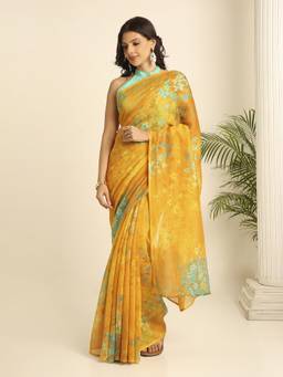 Navyasa By Liva - Mustard Liva Silk Excel Floral Print Saree