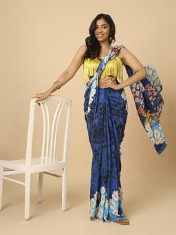 Navyasa By Liva - Blue Liva Linen Floral Print Saree