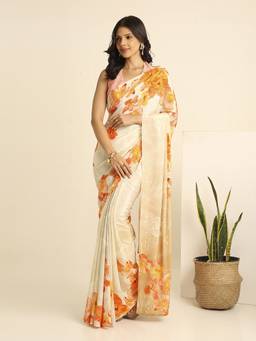 Navyasa By Liva - Cream Liva Satin Floral Print Saree