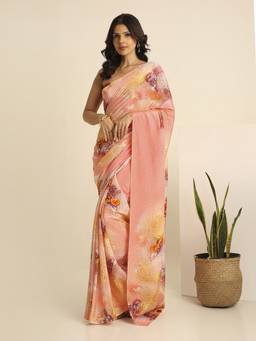 Navyasa By Liva - Peach Liva Satin Floral Print Saree