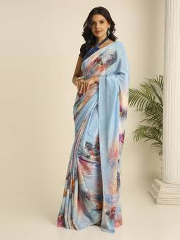 Navyasa By Liva - Blue Liva Satin Floral Print Saree
