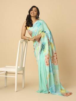 Navyasa By Liva - Green Liva Linen Abstract Print Saree