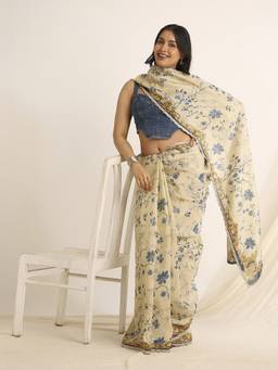 Navyasa By Liva - Beige Liva Tissue Floral Print Saree