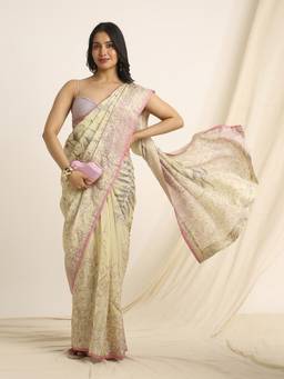Navyasa By Liva - Cream Liva Tissue Floral Print Saree