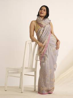 Navyasa By Liva - Blue Liva Tissue Floral Print Saree