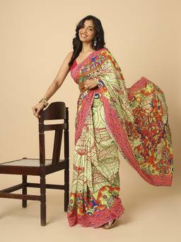 Navyasa By Liva - Green Liva Linen Printed Saree