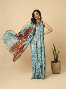 Navyasa By Liva - Blue Liva Linen Abstract Print Saree