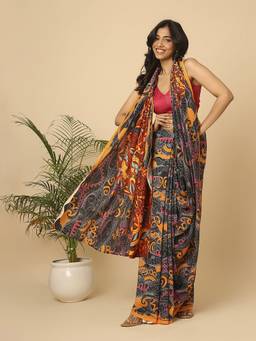 Navyasa By Liva - Black Liva Linen Abstract Print Saree