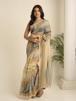 Navyasa By Liva - Beige Liva Silk Excel Stripes Print Saree