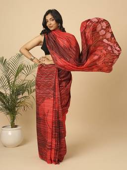 Navyasa By Liva - Red Liva Linen Floral Print Saree