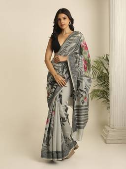 Navyasa By Liva - Grey Liva Jacquard Floral Print Saree