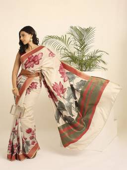 Navyasa By Liva - Red Liva Jacquard Floral Print Saree