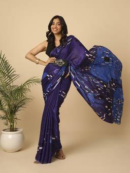 Navyasa By Liva - Dark Blue Liva Muslin Satin Abstract Print Saree