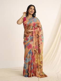 Navyasa By Liva - Multicolor Liva Slub Chanderi Floral Print Saree