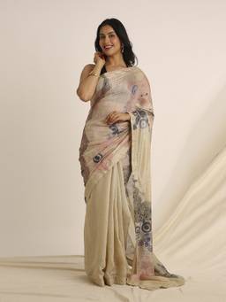 Navyasa By Liva - Beige Liva Slub Chanderi Abstract Print Saree