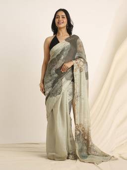 Navyasa By Liva - Grey Liva Slub Chanderi Abstract Print Saree