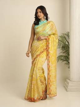 Navyasa By Liva - Yellow Liva Silk Excel Geometric Print Saree