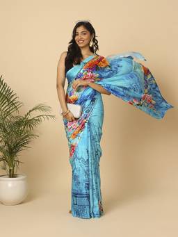 Navyasa By Liva - Blue Liva Royal Modal Satin Floral Print Saree