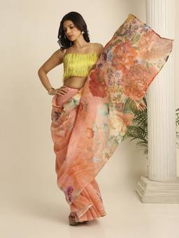 Navyasa By Liva - Peach Liva Silk Excel Floral Print Saree