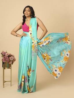 Navyasa By Liva - Turquoise Liva Satin Floral Print Saree