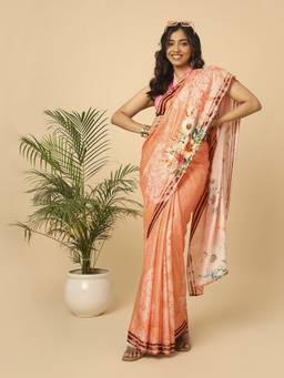 Navyasa By Liva - Peach Liva Satin Chiffon Floral Print Saree