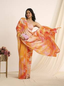 Navyasa By Liva - Orange Liva Crepe Floral Print Saree