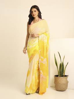 Navyasa By Liva - Yellow Liva Chiffon Floral Print Saree
