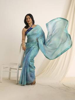 Navyasa By Liva - Blue Liva Slub Chanderi Printed Saree