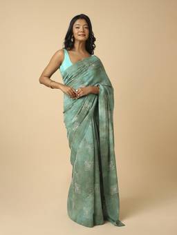 Navyasa By Liva - Green Liva Georgette Geometric Print Saree