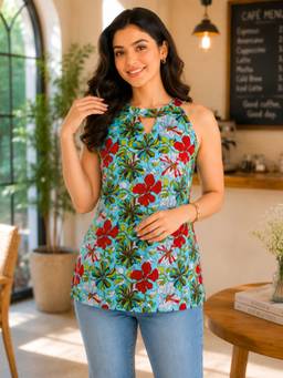 WineRed - Blue Keyhole Neck Short Kurti