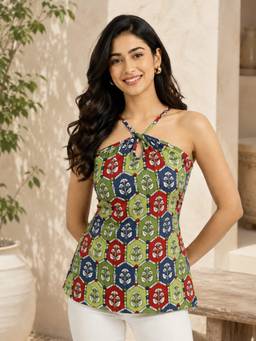 WineRed - Green Sleeveless Corset Style Short Kurti