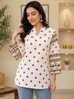 WineRed - White Printed Cotton Short Kurti