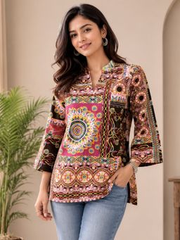 WineRed - Multi-Color Printed Cotton Short Kurti