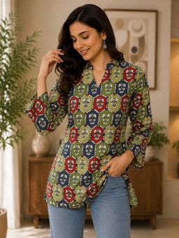 WineRed - Multi-Color Printed Cotton Short Kurti