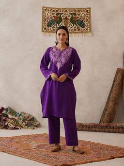 Kashmir Box - Aari Embroidered Women's Purple Wool Round Kurta with Pant
