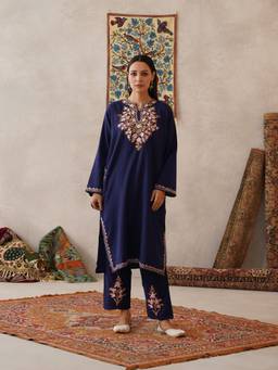 Kashmir Box - Aari Embroidered Women's Navy Blue Wool Round Kurta with Pant