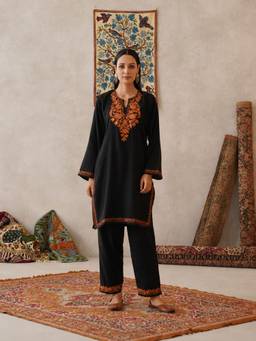 Kashmir Box - Zari Embroidered Women's Black Wool Round Kurta with Pant