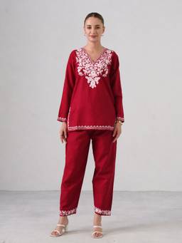 Kashmir Box - Aari Embroidered Women's Maroon Ruby Cotton V-Neck Kurta with Pant