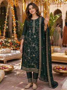 BERRYLICIOUS - Bottle Green Silk Sequinned Embroidered Kurta with Pant and Dupatta