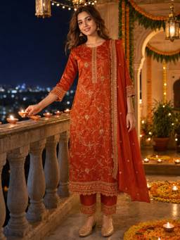 BERRYLICIOUS - Orange Silk Sequinned Embroidered Kurta with Pant and Dupatta