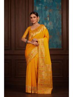 Monjolika Fashion - Yellow Banarasi Soft Silk Saree