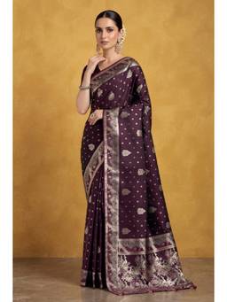 Monjolika Fashion - Dark Wine Color Banarasi Style Soft Silk Saree