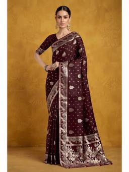 Monjolika Fashion - Dark Maroon Color Banarasi Style Soft Silk Saree