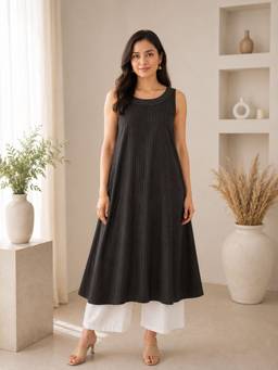 MYSHKA - Women Black Cotton Blend Round Neck Long Kurta with Palazzo